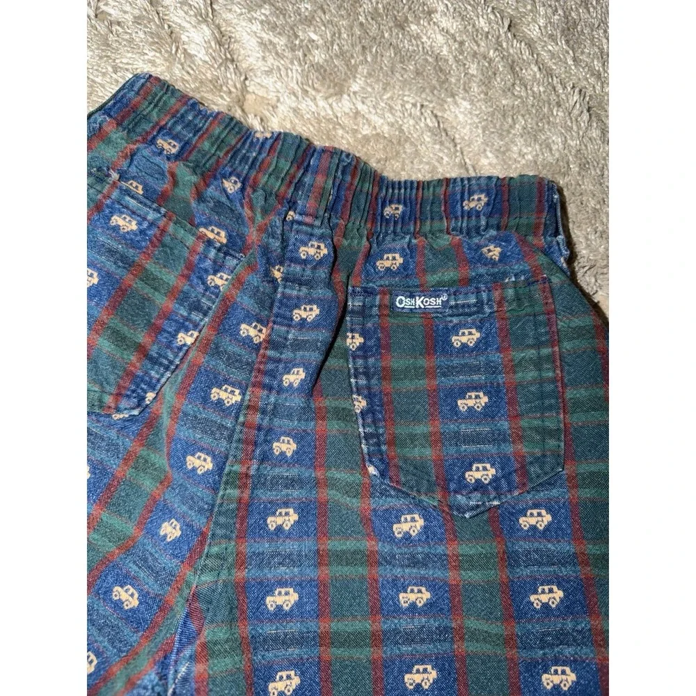 Vintage Oshkosh B'Gosh Long Plaid Shorts Boys Cars Trucks Blue Green Checkered